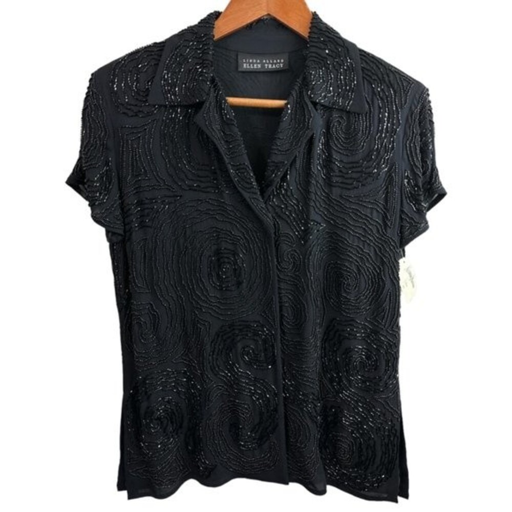 Linda Allard Ellen Tracy Black Silk Beaded Short Sleeve Top Size 8 NWT